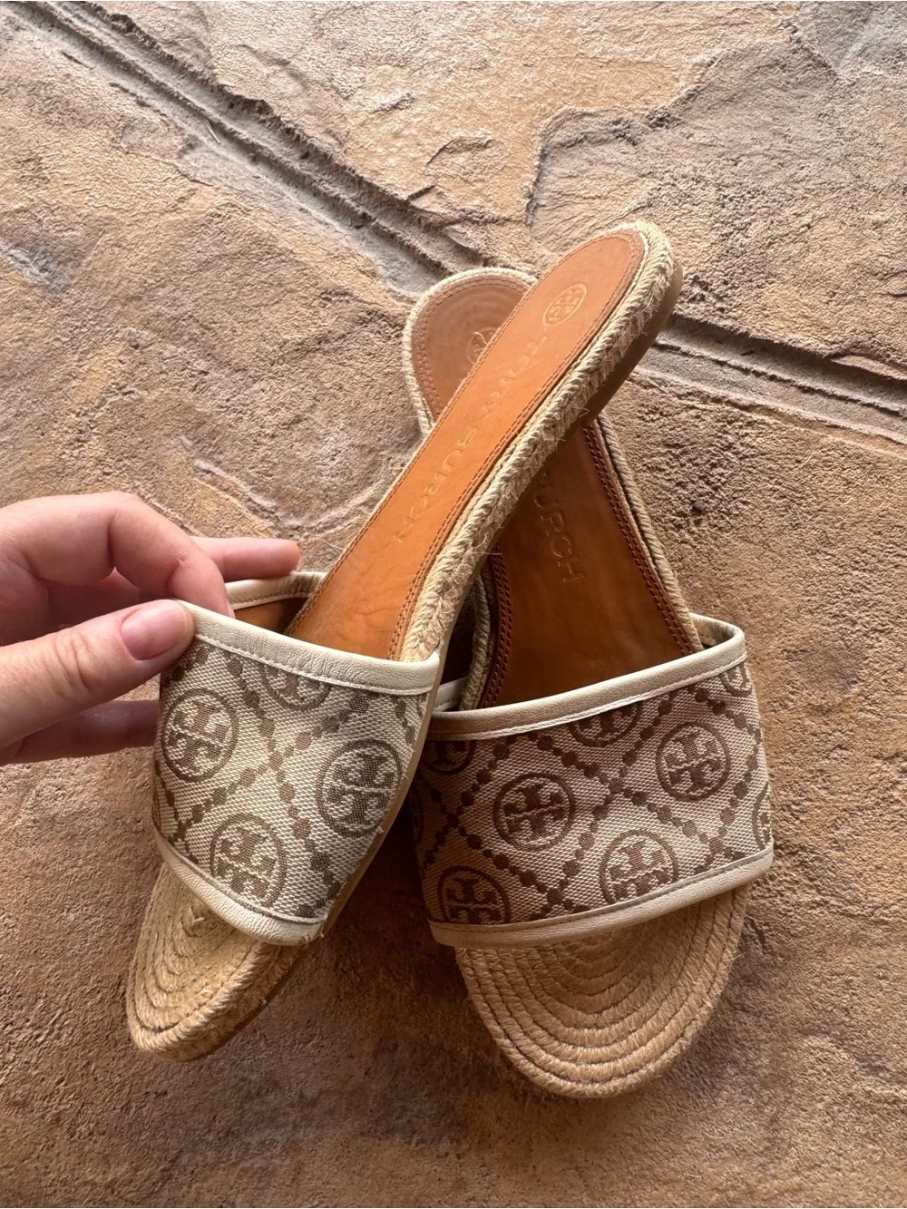 Tory Burch T Monogram Jacquard Espadrille Slide Sandals Beige Size 9M